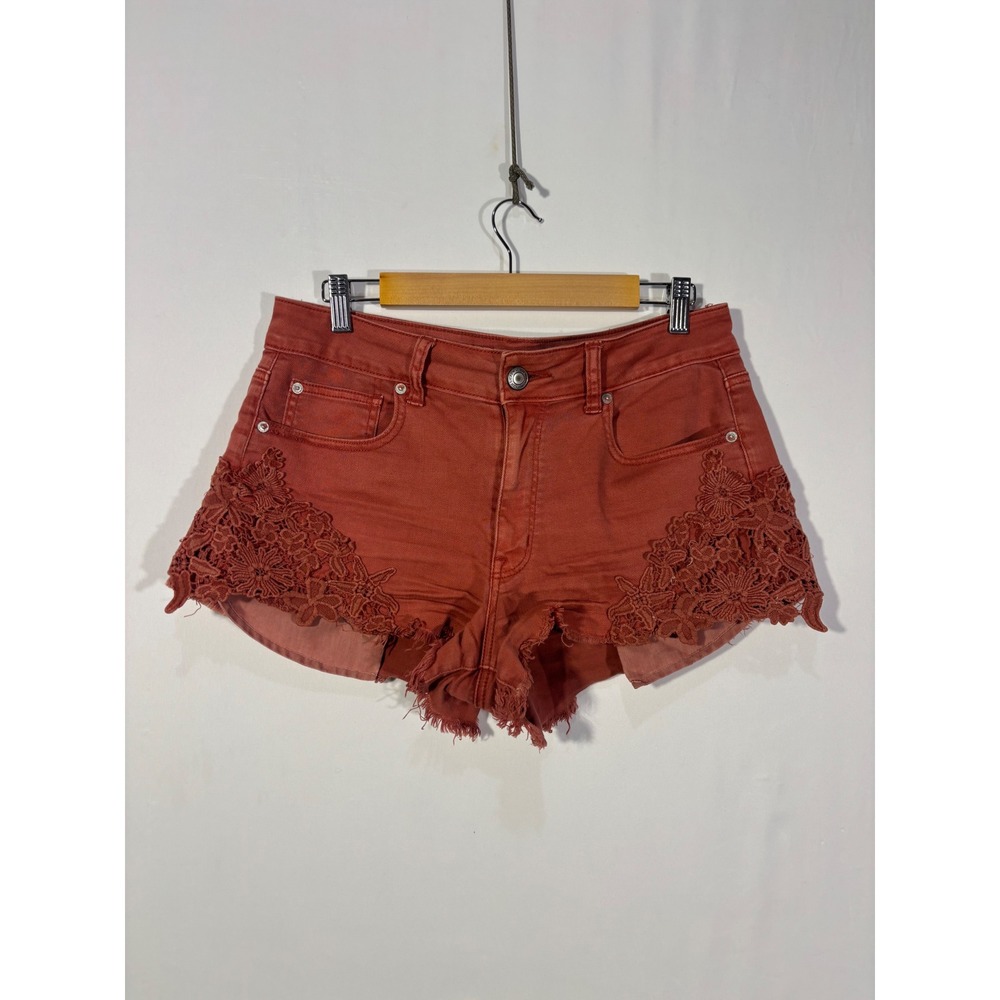 Distressed Boho Lace Trim American Eagle Denim Shorts Womens 10 Rust Orange